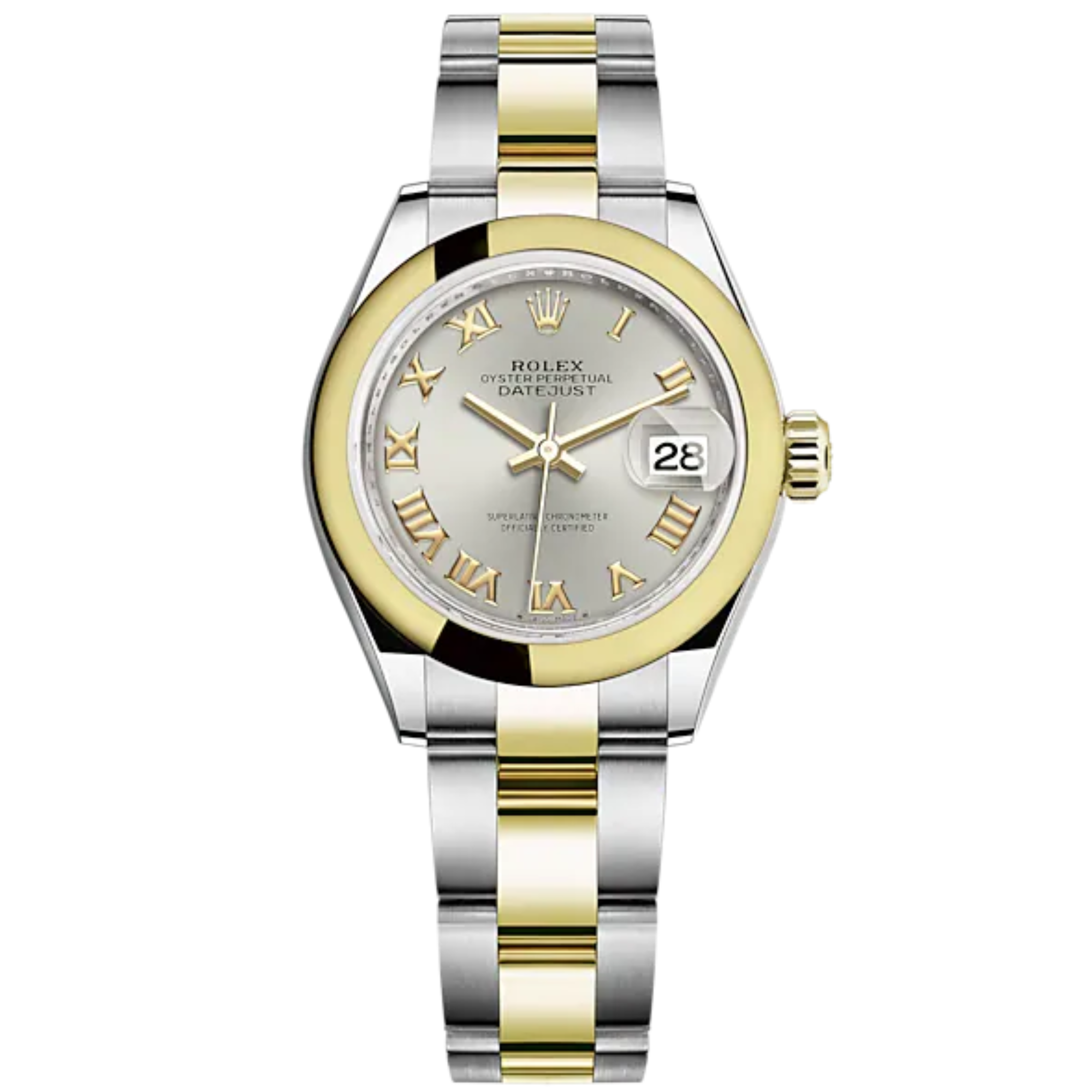 Lady-DateJust 28mm Oyster Oystersteel Bracelet and Yellow Gold with Silver Dial and Domed Bezel - Rolex