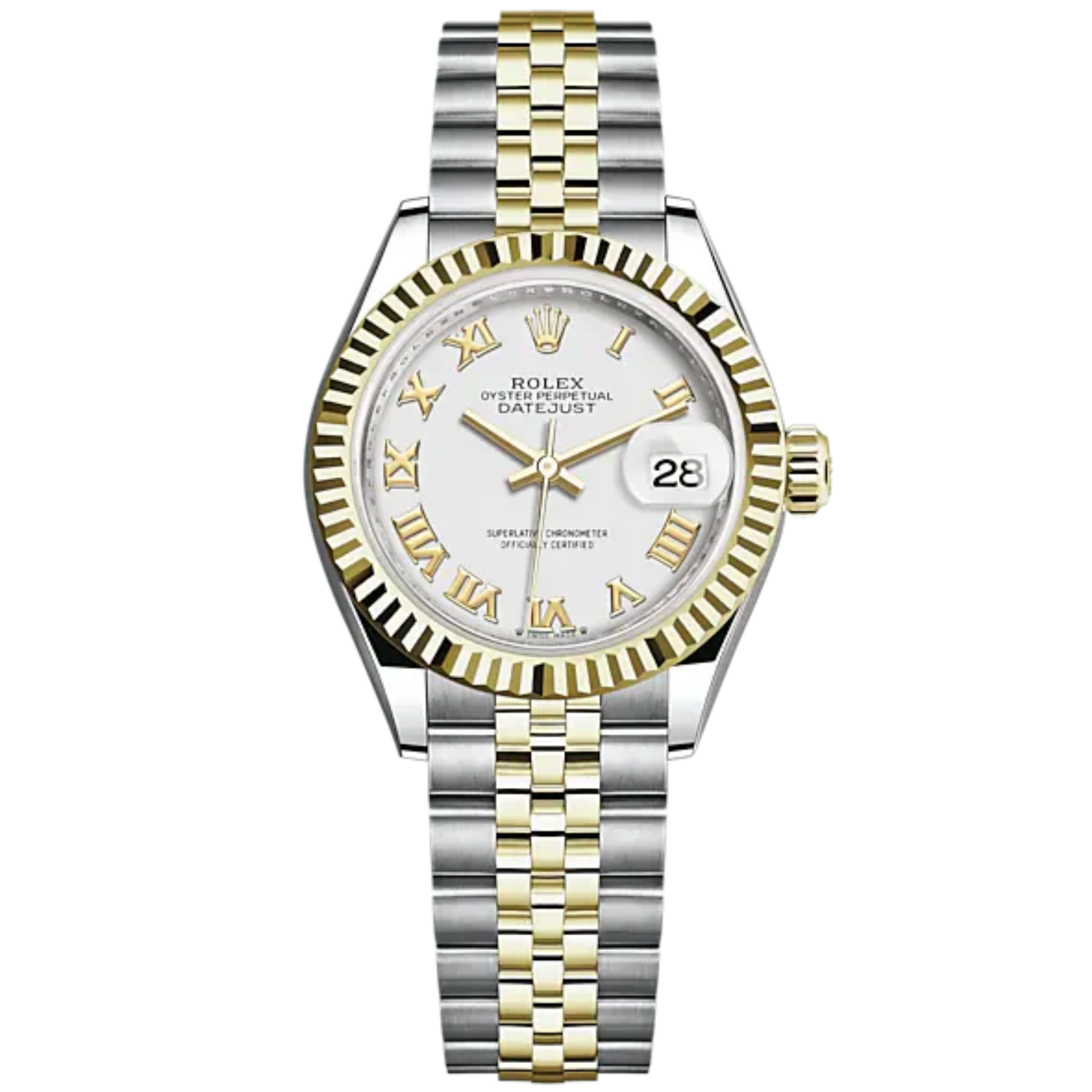 Lady-DateJust 28mm Oystersteel Jubilee Bracelet and Yellow Gold with White Dial and Fluted Bezel - Rolex