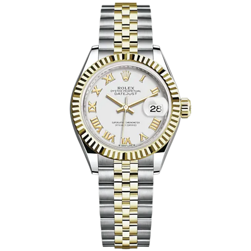 Lady-DateJust 28mm Oystersteel Jubilee Bracelet and Yellow Gold with White Dial and Fluted Bezel - Rolex