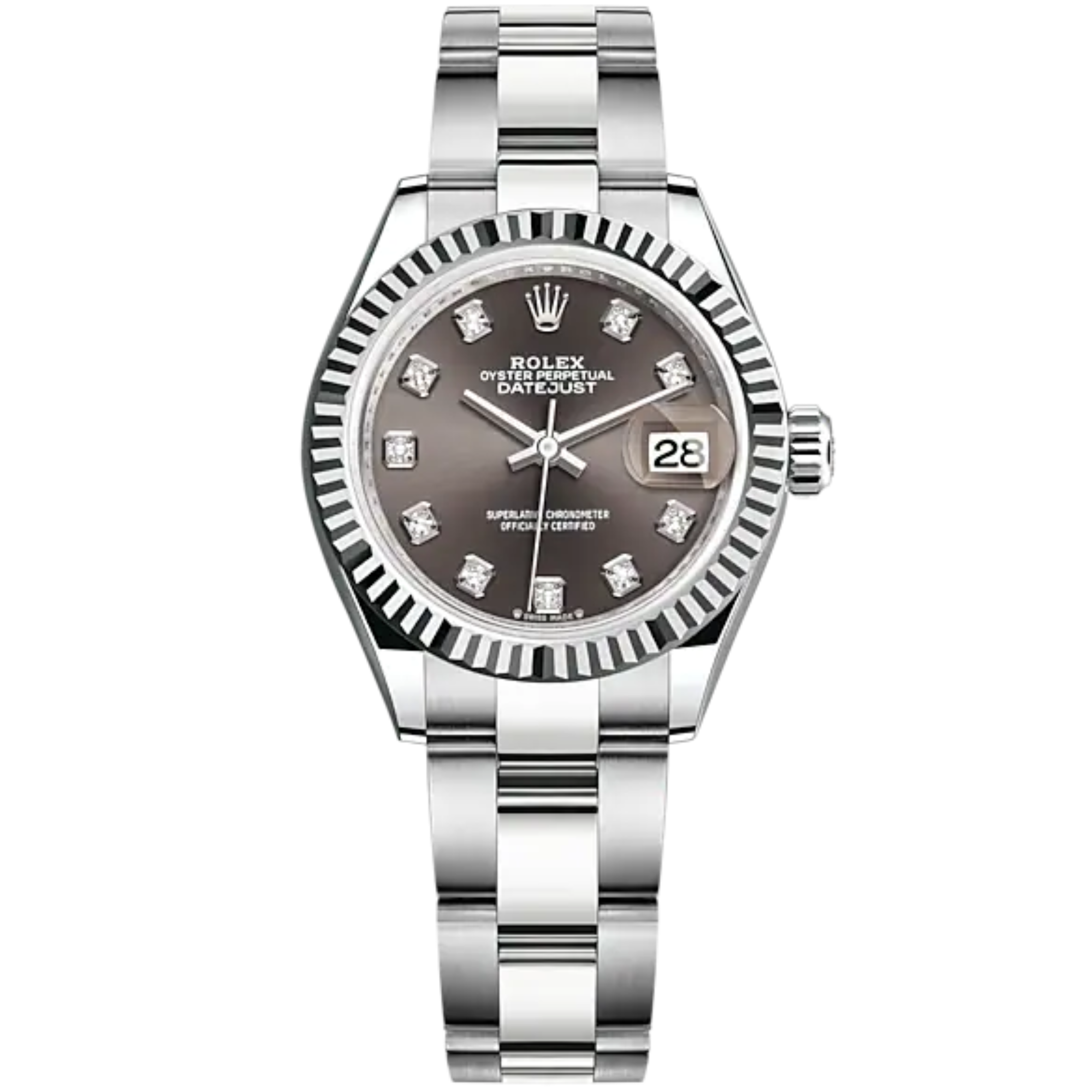 Lady-DateJust 28mm Oyster Oystersteel Bracelet and White Gold with Dark Grey Dial Diamond-Set Dial and Fluted Bezel - Rolex