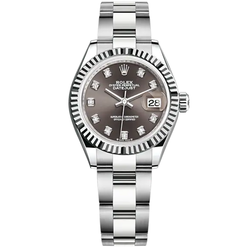 Lady-DateJust 28mm Oyster Oystersteel Bracelet and White Gold with Dark Grey Dial Diamond-Set Dial and Fluted Bezel - Rolex
