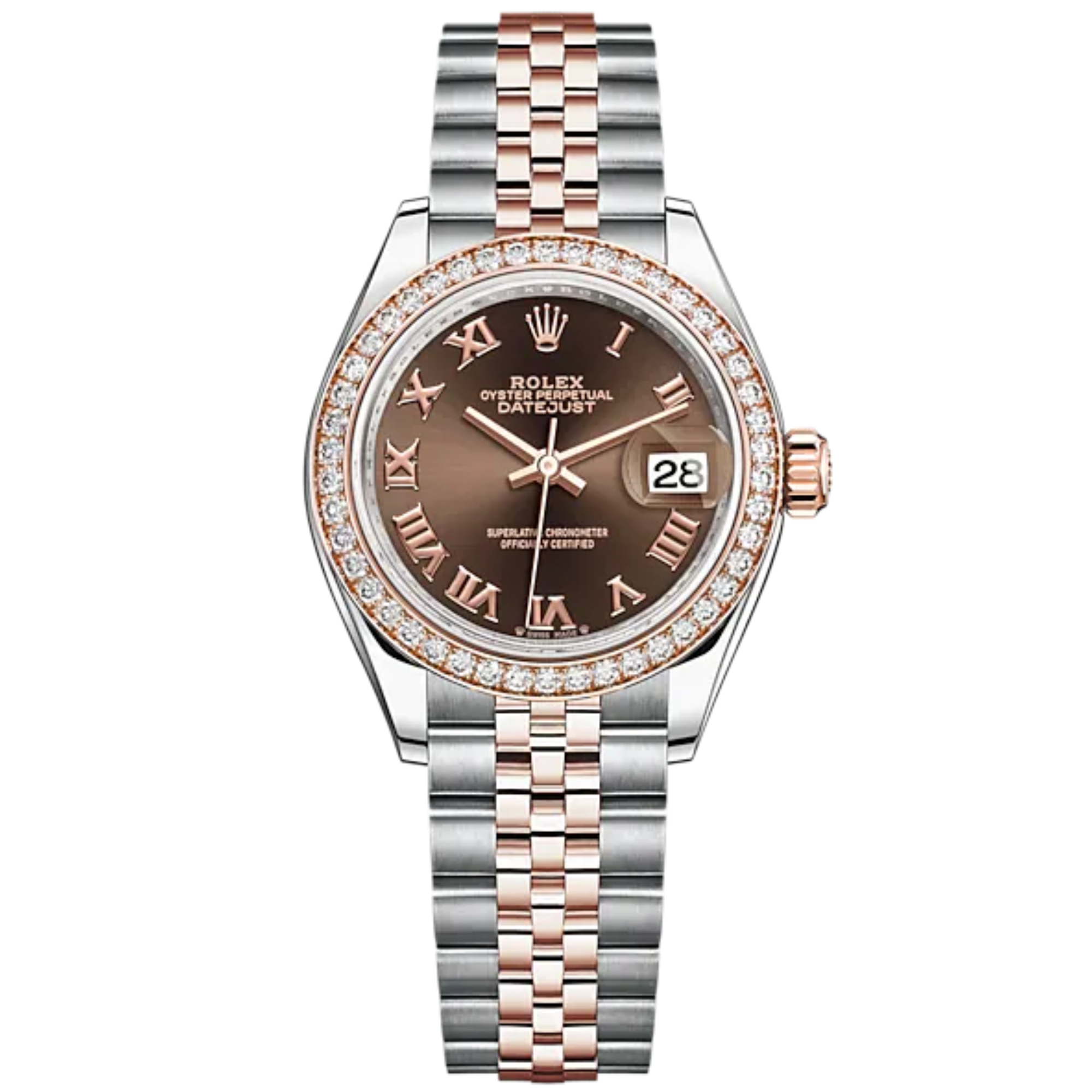 Lady-DateJust 28mm Oystersteel Jubilee Bracelet and Everose Gold with Chocolate Dial and Diamond-Set Bezel - Rolex