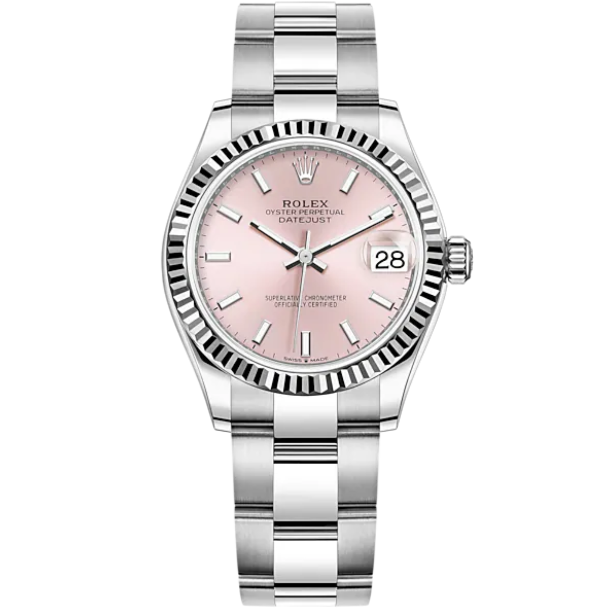 Datejust 31 31mm Oyster Bracelet Oystersteel and White Gold with Pink Dial Fluted Bezel - Rolex