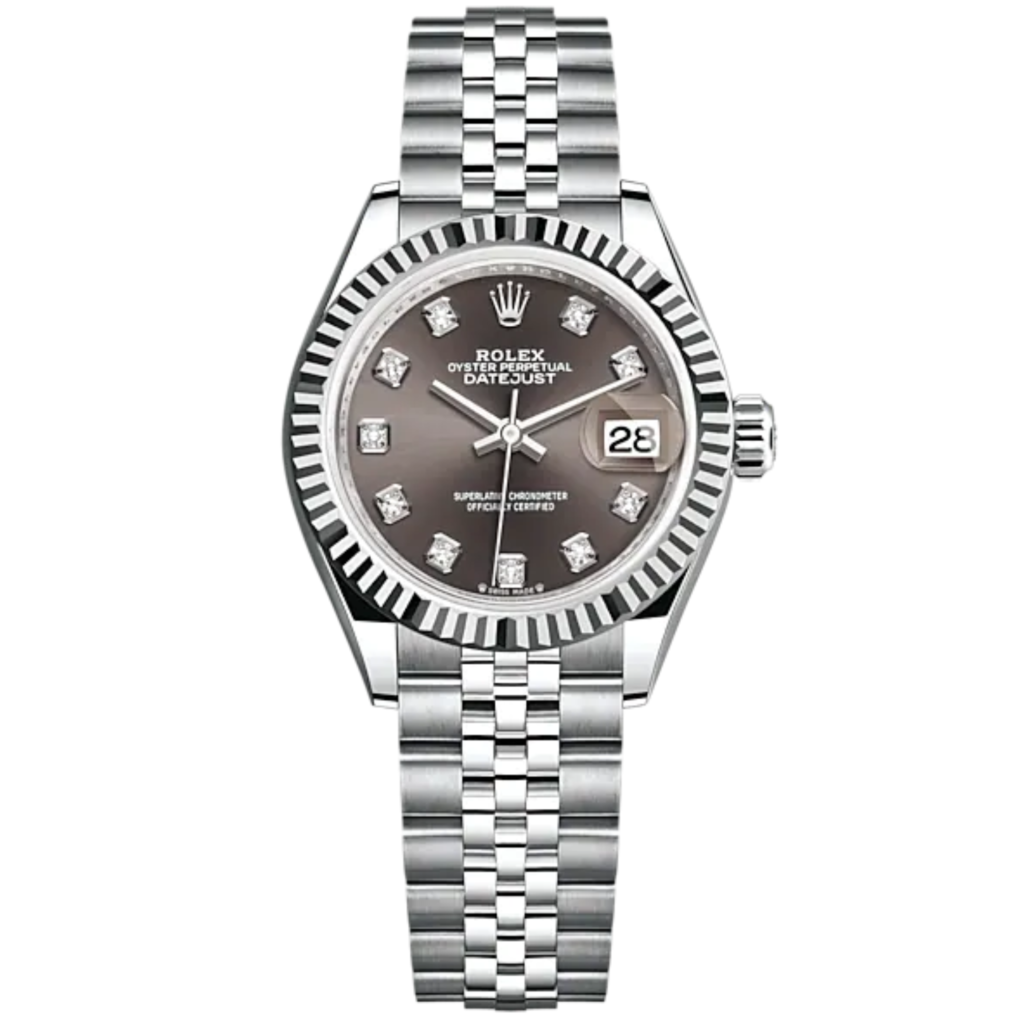 Lady-DateJust 28mm Oystersteel Jubilee Bracelet and White Gold with Dark Grey Dial and Fluted Bezel - Rolex