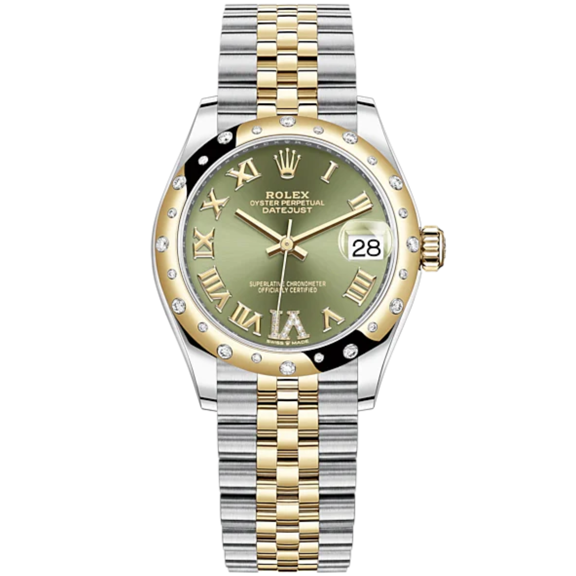 Datejust 31 31mm Jubilee Bracelet Oystersteel and Yellow Gold with Olive-Green Diamond Dial Diamond-Set Bezel - Rolex