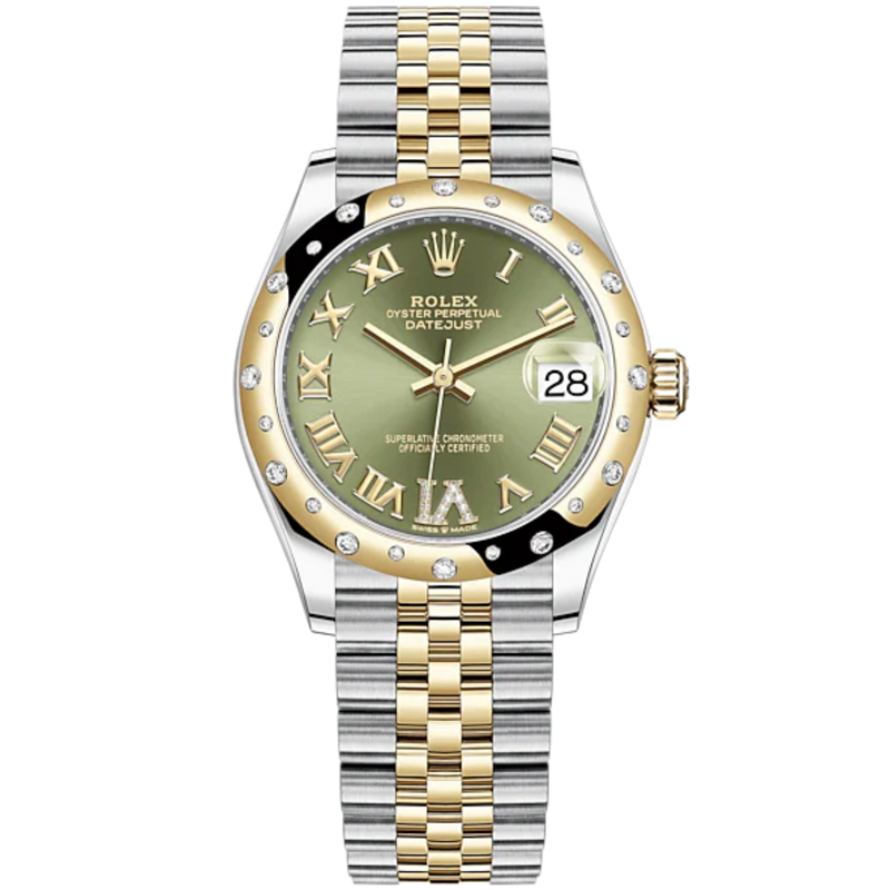 Datejust 31 31mm Jubilee Bracelet Oystersteel and Yellow Gold with Olive-Green Diamond Dial Diamond-Set Bezel - Rolex