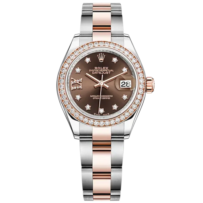 Lady-DateJust 28mm Oyster Oystersteel Bracelet and Everose Gold with Chocolate Dial Diamond-Set Dial and Diamond-Set Bezel - Rolex