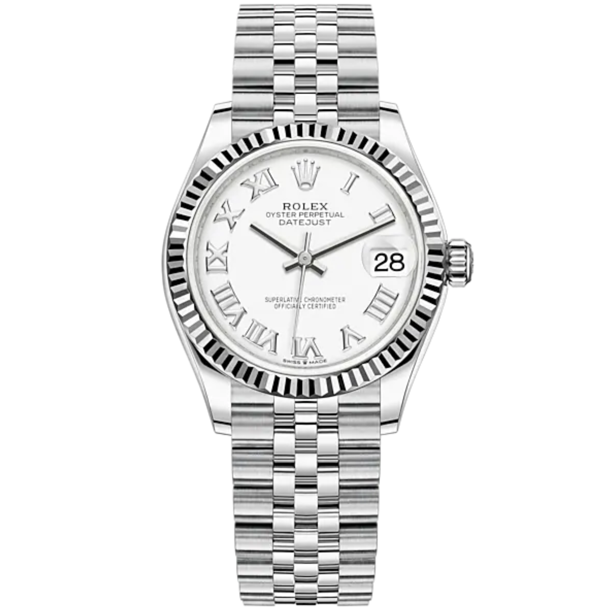 Datejust 31 31mm Oyster Bracelet Oystersteel and White Gold with White Gold Dial Fluted Bezel - Rolex