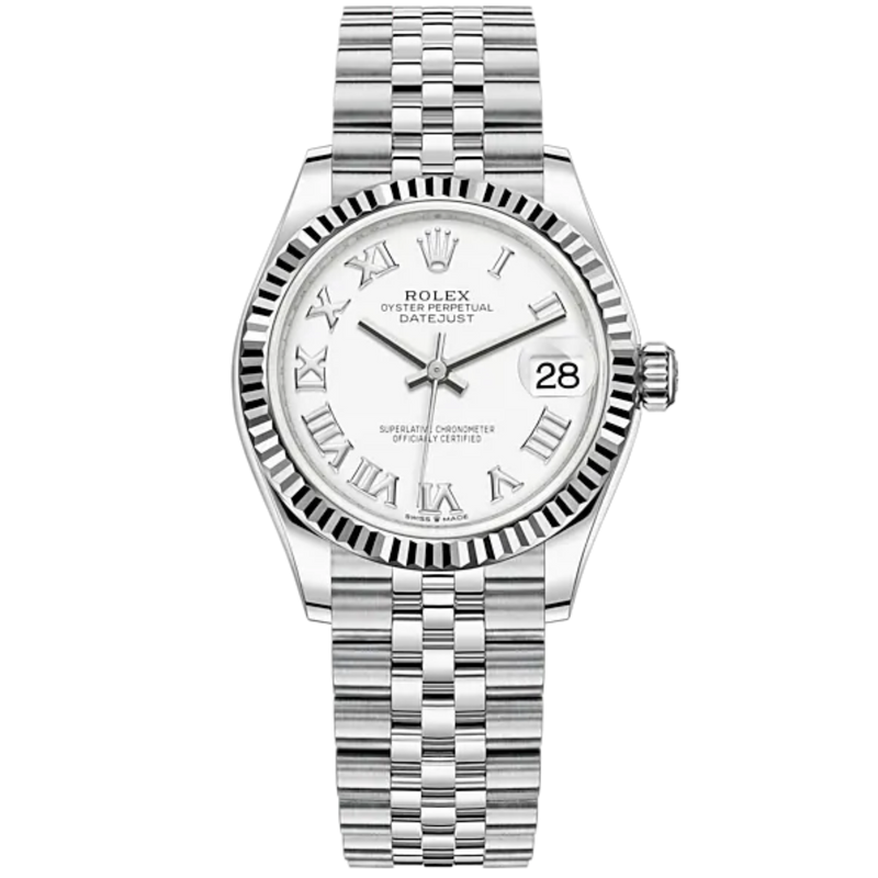 Datejust 31 31mm Oyster Bracelet Oystersteel and White Gold with White Gold Dial Fluted Bezel - Rolex