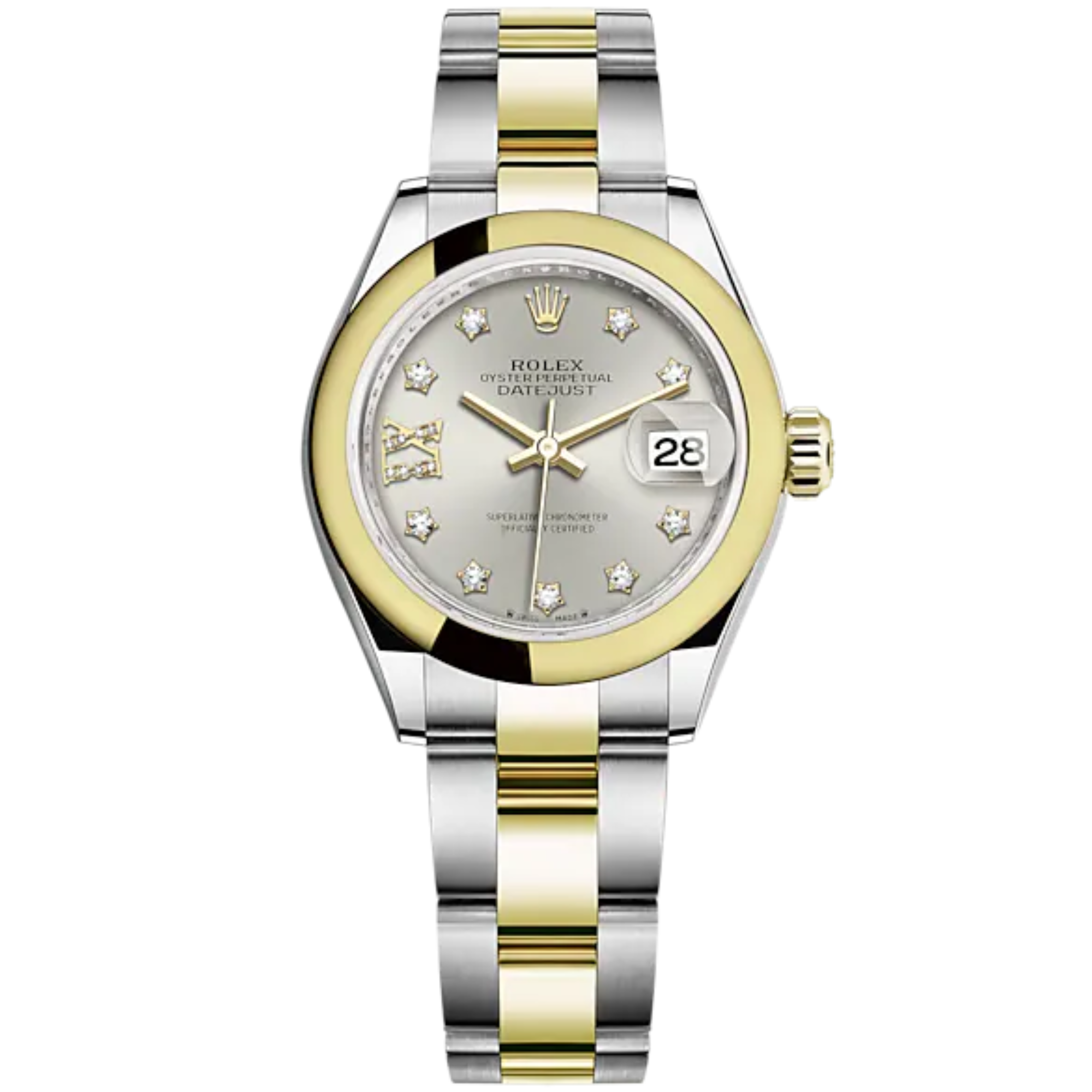 Lady-DateJust 28mm Oyster Oystersteel Bracelet and Yellow Gold with Silver Dial Diamond-Set Dial and Domed Bezel - Rolex