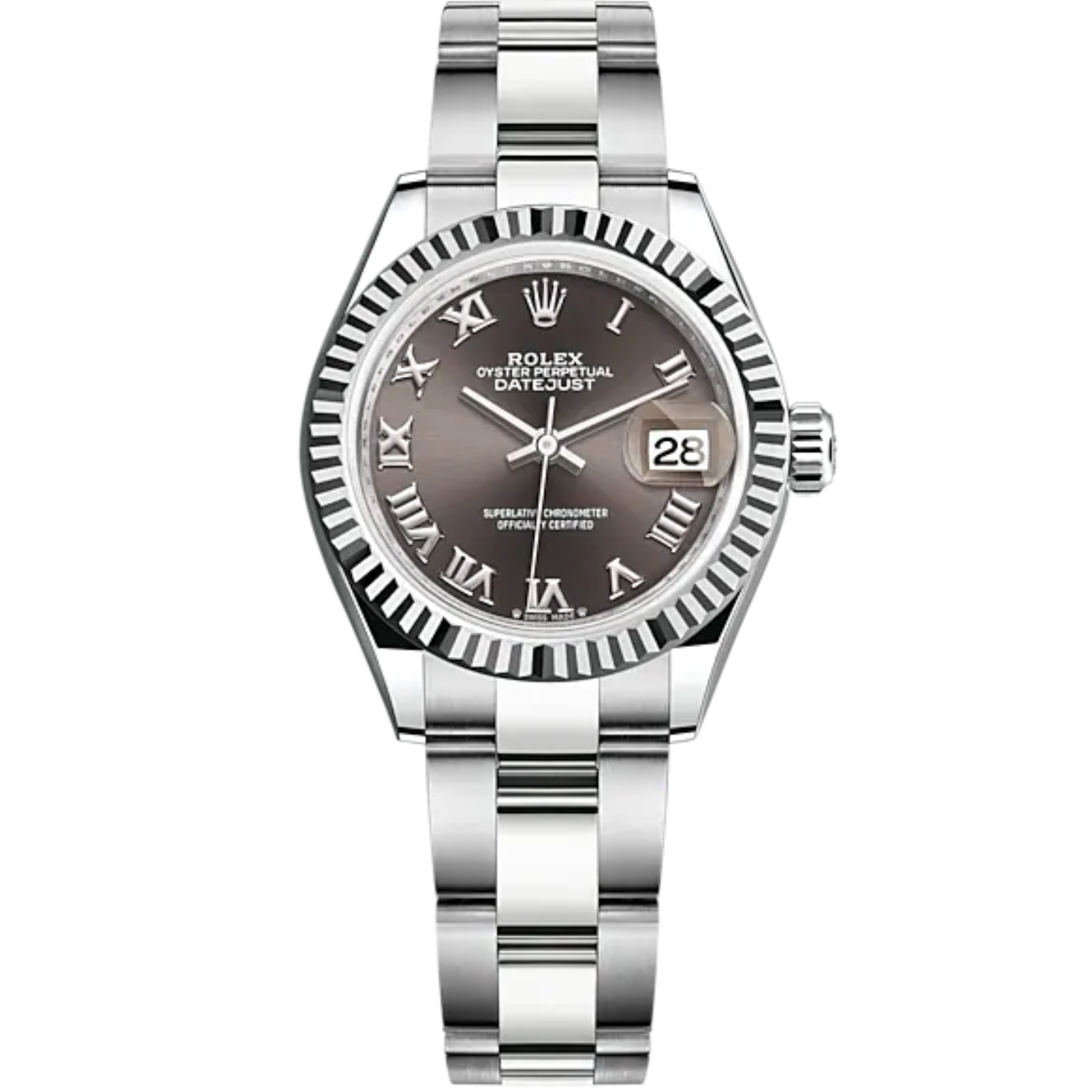 Lady-DateJust 28mm Oyster Oystersteel Bracelet and White Gold with Dark Grey Dial and Fluted Bezel - Rolex