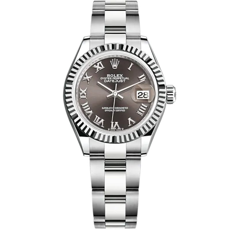 Lady-DateJust 28mm Oyster Oystersteel Bracelet and White Gold with Dark Grey Dial and Fluted Bezel - Rolex