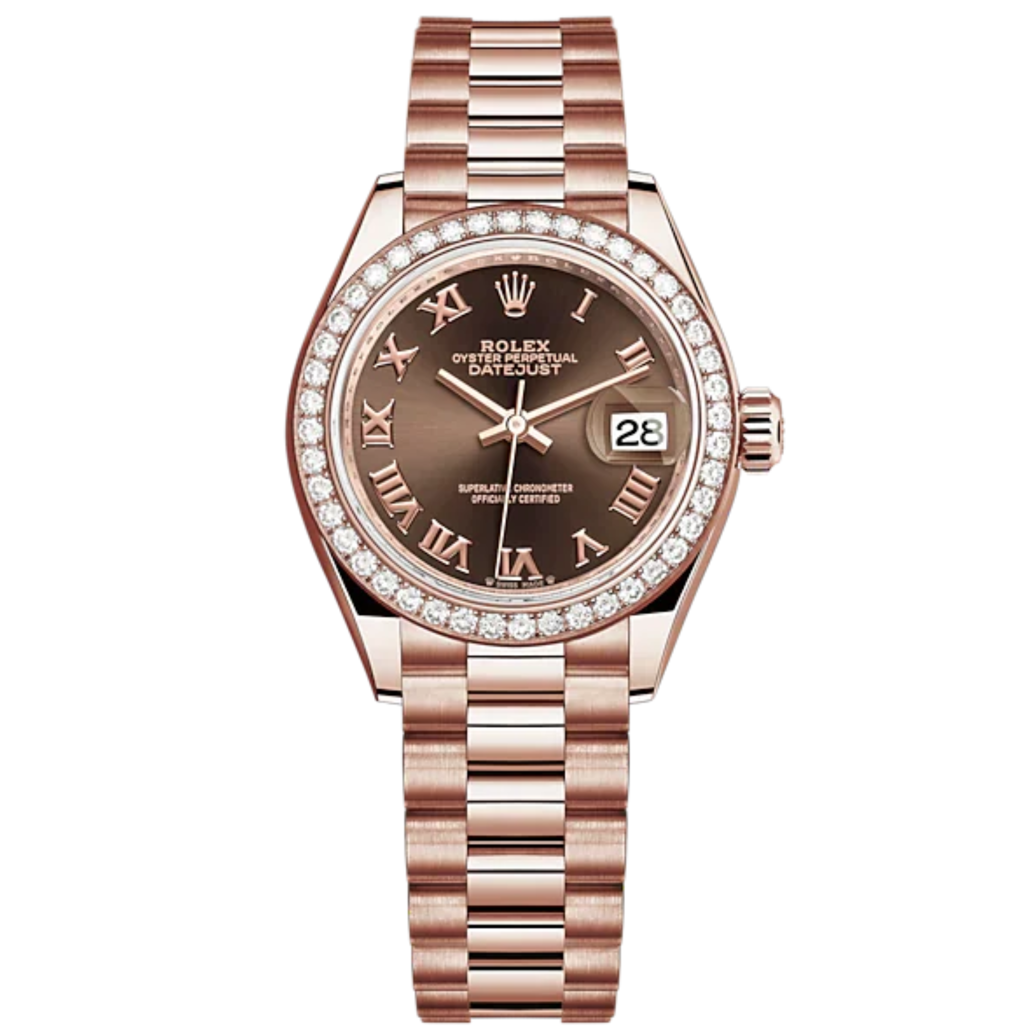 Lady-DateJust 28mm President Bracelet and 18 KT Everose Gold with Chocolate Dial and Diamond-Set Bezel - Rolex