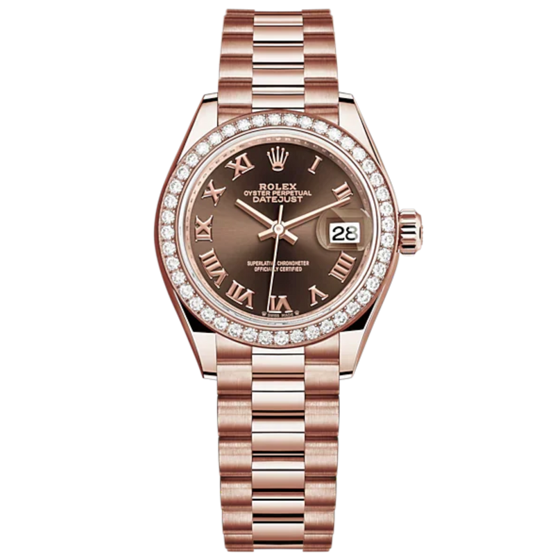 Lady-DateJust 28mm President Bracelet and 18 KT Everose Gold with Chocolate Dial and Diamond-Set Bezel - Rolex