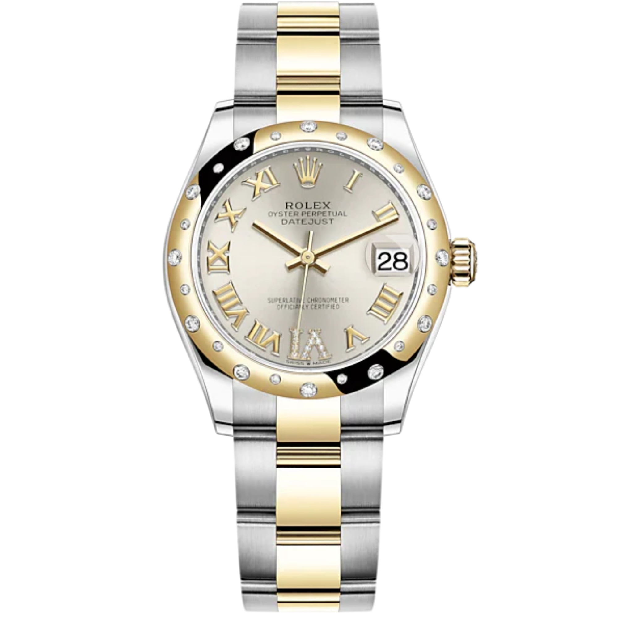 Datejust 31 31mm Oyster Bracelet Oystersteel and Yellow Gold with Silver Diamond Dial Diamond-Set Bezel - Rolex