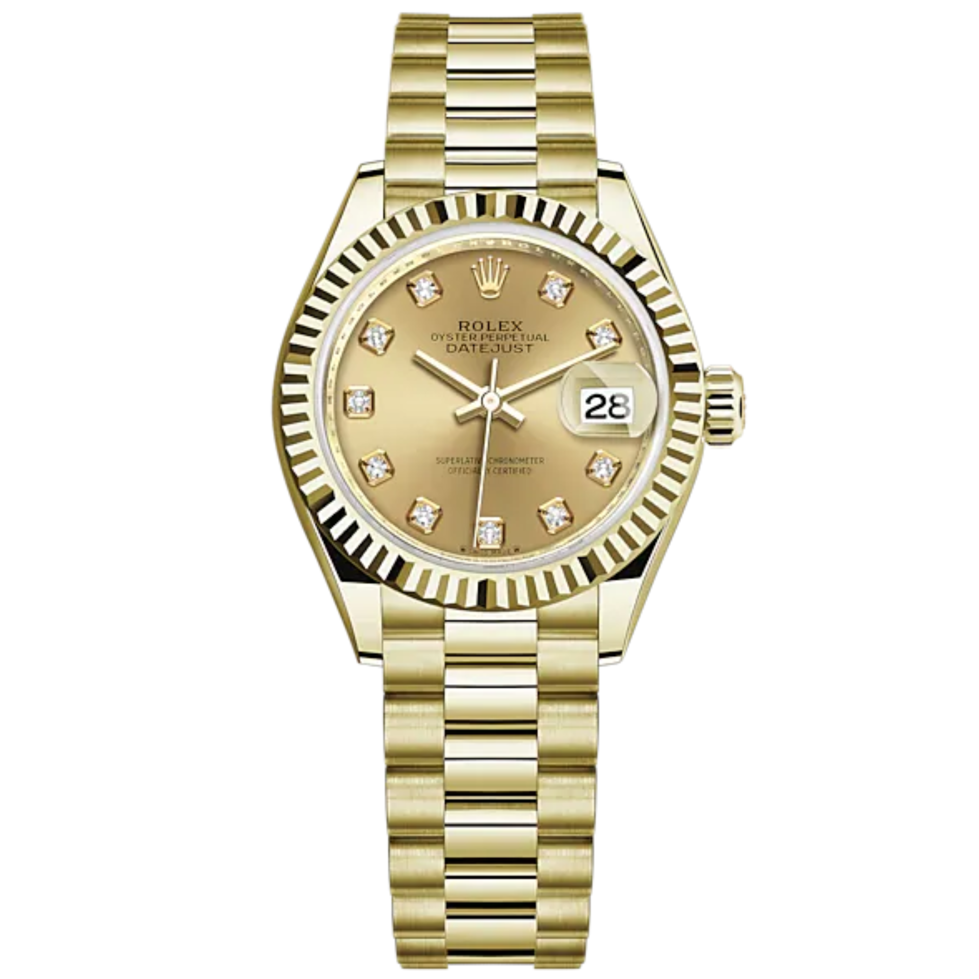 Lady-DateJust 28mm President Bracelet and 18 KT Yellow Gold with Champagne-Colour Dial Diamond-Set Dial and Fluted Bezel - Rolex