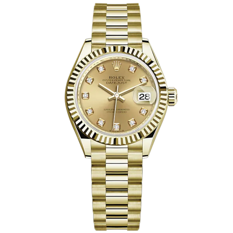 Lady-DateJust 28mm President Bracelet and 18 KT Yellow Gold with Champagne-Colour Dial Diamond-Set Dial and Fluted Bezel - Rolex