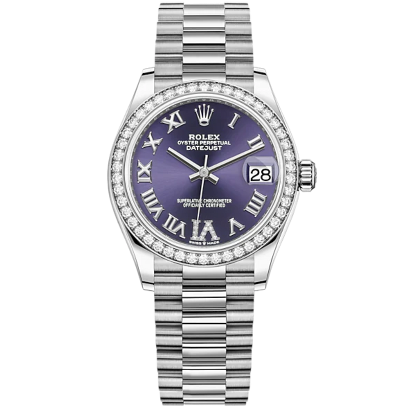 Datejust 31 31mm President Bracelet Oystersteel and White Gold With Aubergine Diamond Roman Dial Diamond-Set Bezel - Rolex