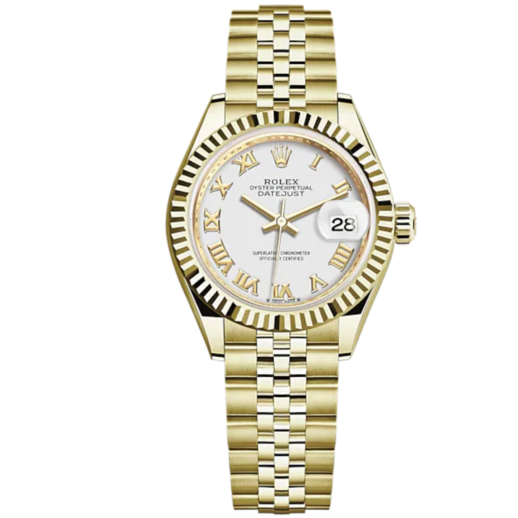 Lady-DateJust 28mm Jubilee Bracelet and 18 KT Yellow Gold with White Dial and Fluted Bezel - Rolex