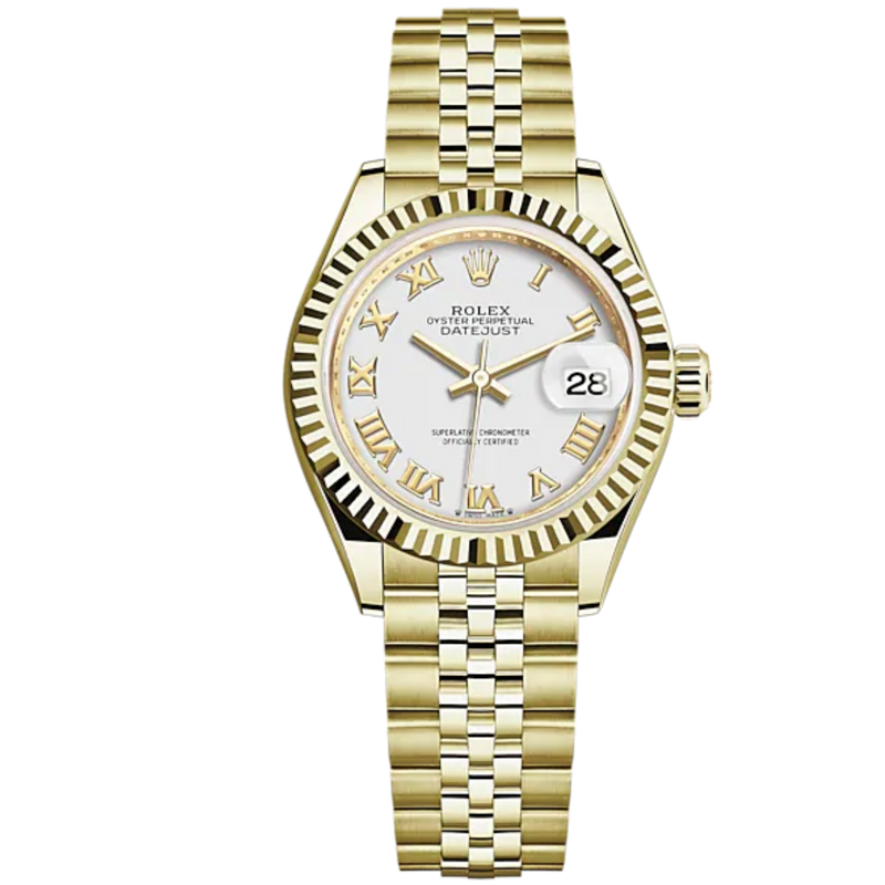 Lady-DateJust 28mm Jubilee Bracelet and 18 KT Yellow Gold with White Dial and Fluted Bezel - Rolex