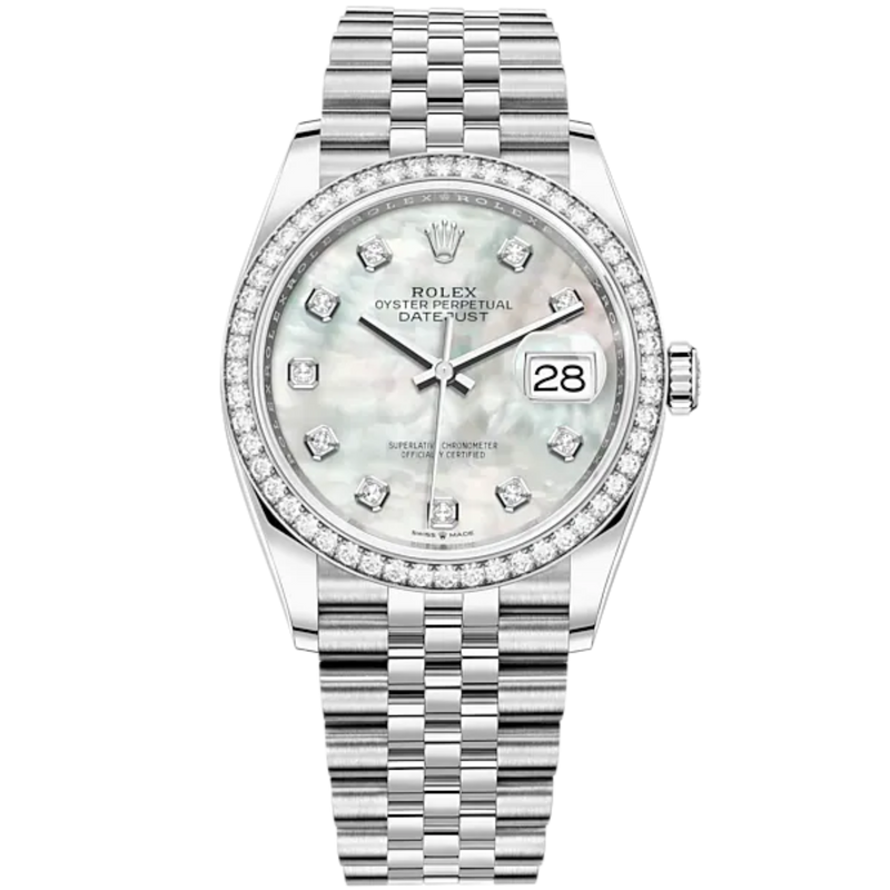 Datejust 36 36mm Oystersteel Jubilee Bracelet and White Gold with White Mother-Of-Pearl Diamond-Set Dial Bezel - Rolex