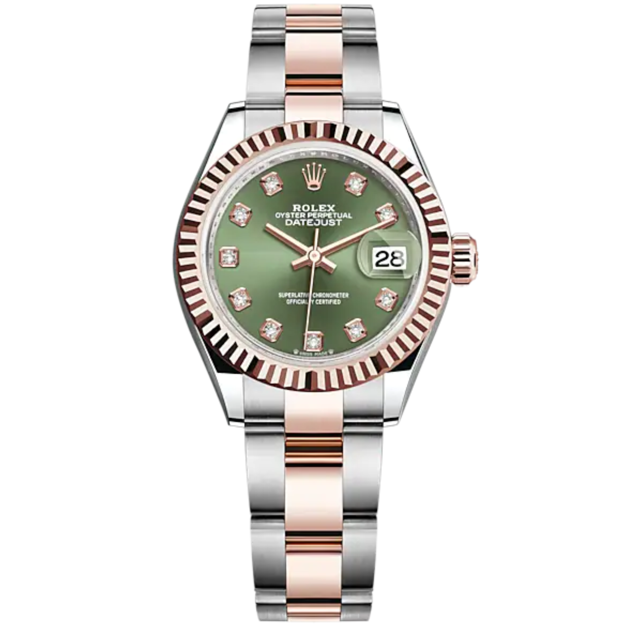 Lady-DateJust 28mm Oyster Oystersteel Bracelet and Everose Gold with Olive-Green Dial Diamond-Set Dial and Fluted Bezel - Rolex