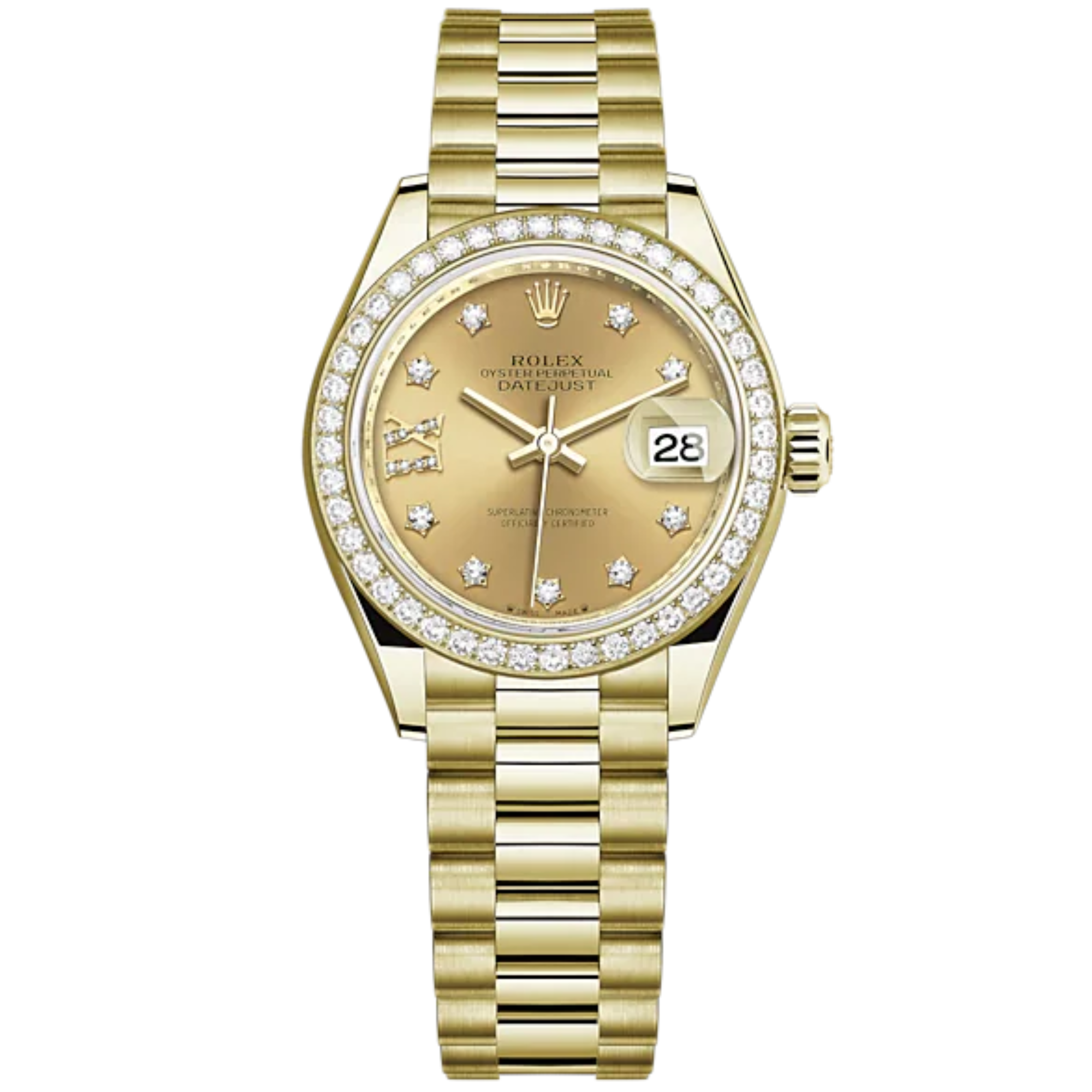 Lady-DateJust 28mm President Bracelet and 18 KT Yellow Gold with Champagne-Colour Dial Diamond-Set Dial and Diamond-Set Bezel - Rolex