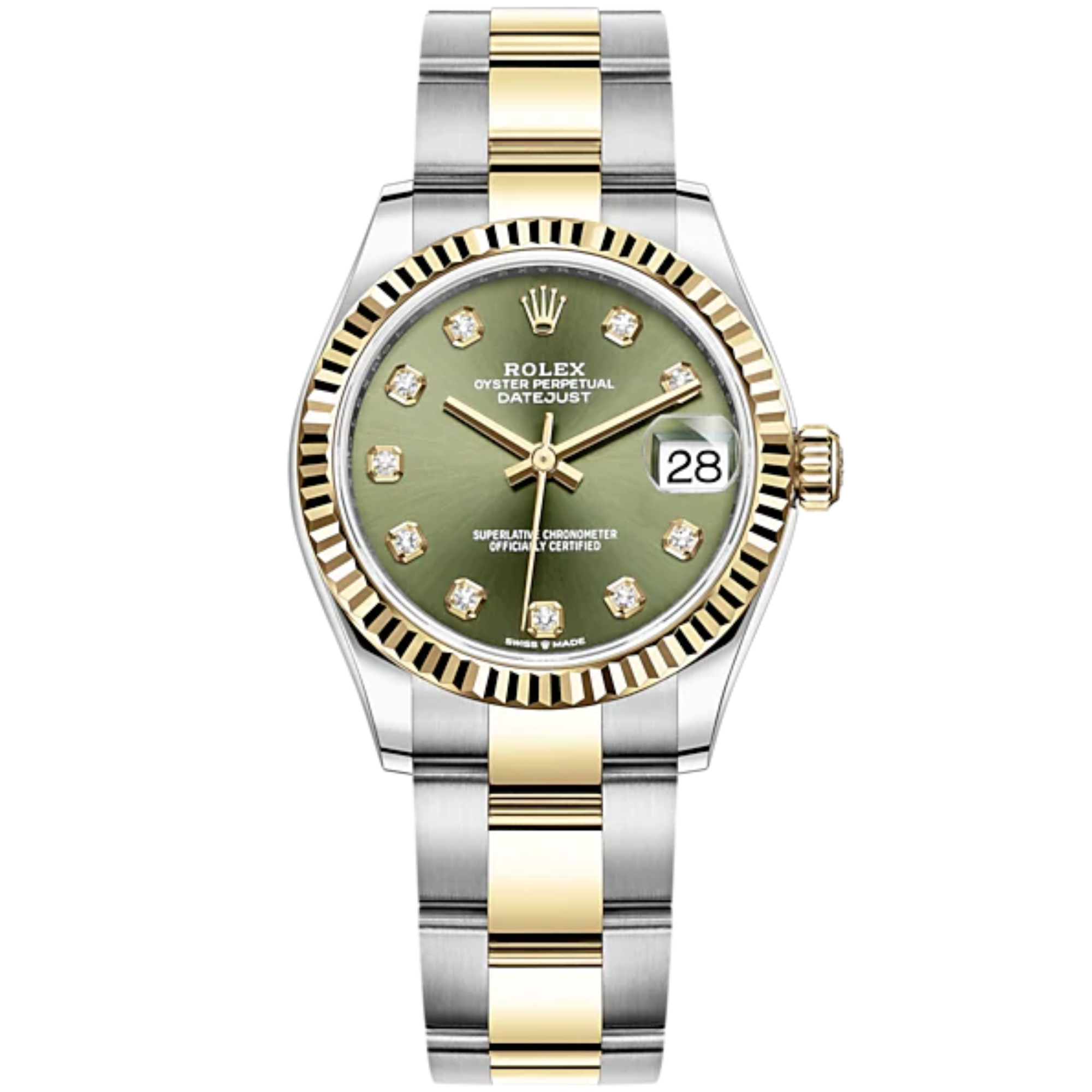 Datejust 31 31mm Oyster Bracelet Oystersteel and Yellow Gold With Olive-Green Diamond-Set Dial Fluted Bezel - Rolex
