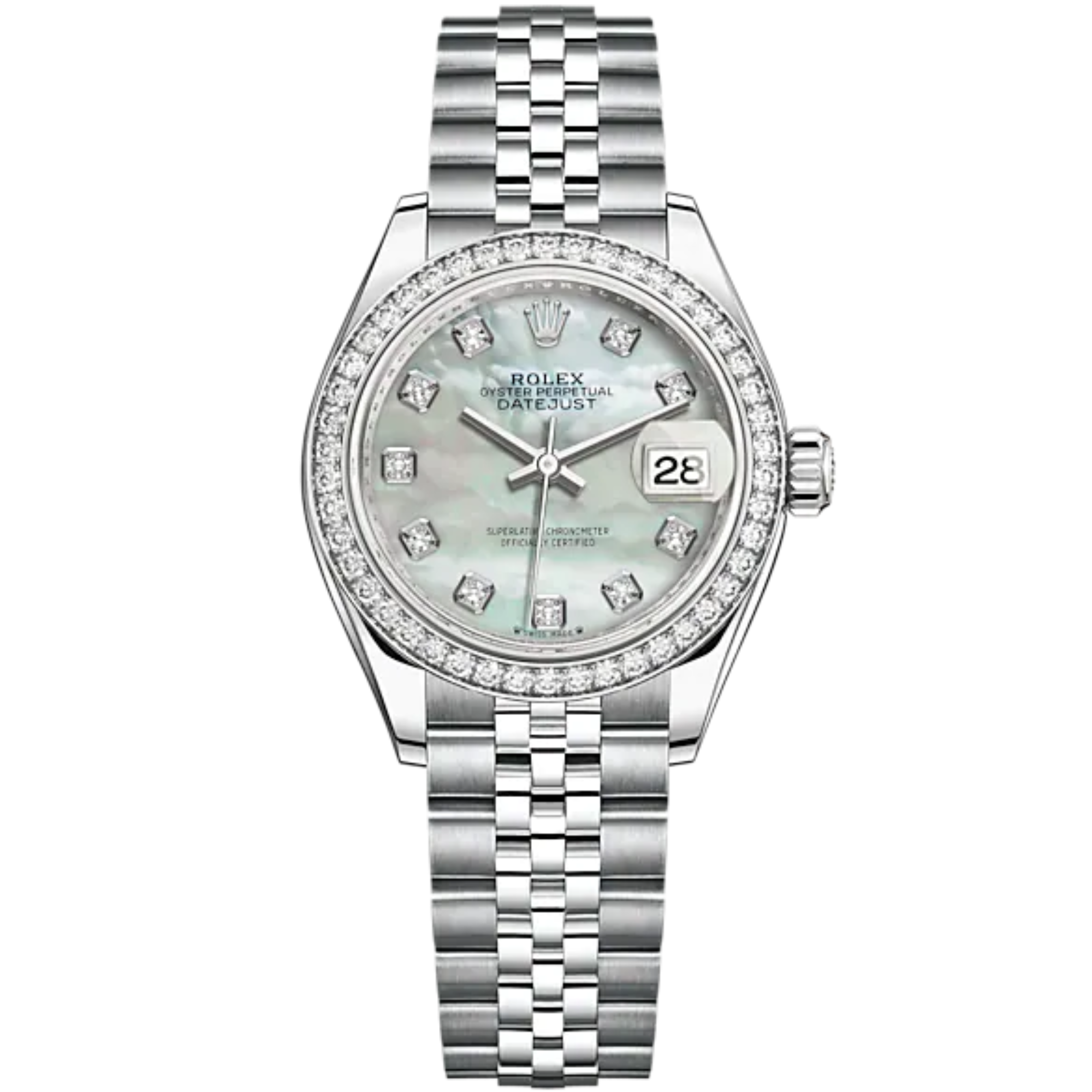 Lady-DateJust 28mm Oystersteel Jubilee Bracelet and White Gold with White Mother-of-Pearl Dial Diamond-Set Dial and Diamond-Set Bezel - Rolex