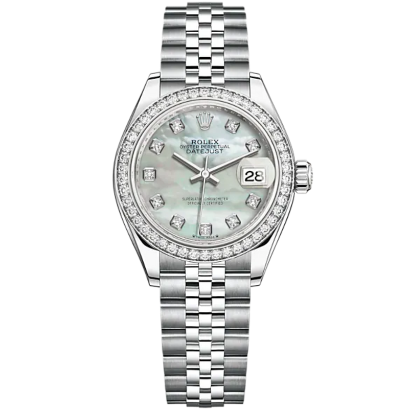Lady-DateJust 28mm Oystersteel Jubilee Bracelet and White Gold with White Mother-of-Pearl Dial Diamond-Set Dial and Diamond-Set Bezel - Rolex