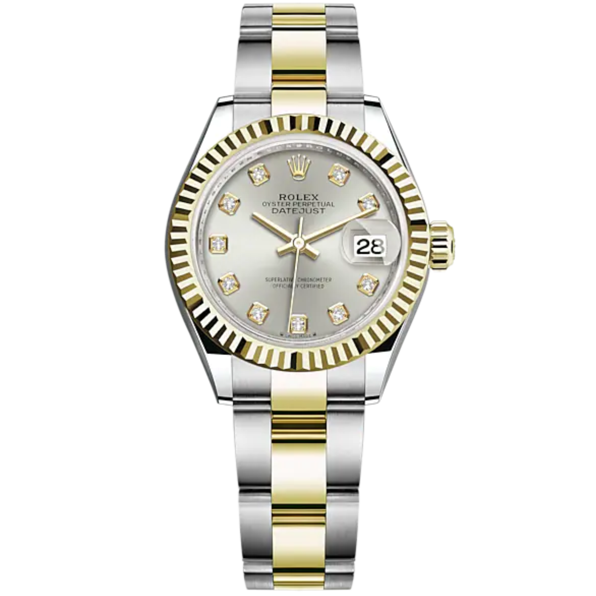 Lady-DateJust 28mm Oyster Oystersteel Bracelet and Yellow Gold with Silver Dial Diamond-Set Dial and Fluted Bezel - Rolex