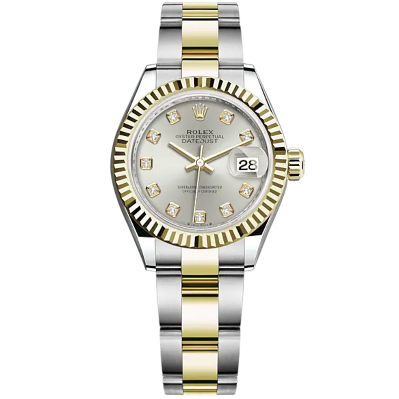 Lady-DateJust 28mm Oyster Oystersteel Bracelet and Yellow Gold with Silver Dial Diamond-Set Dial and Fluted Bezel - Rolex