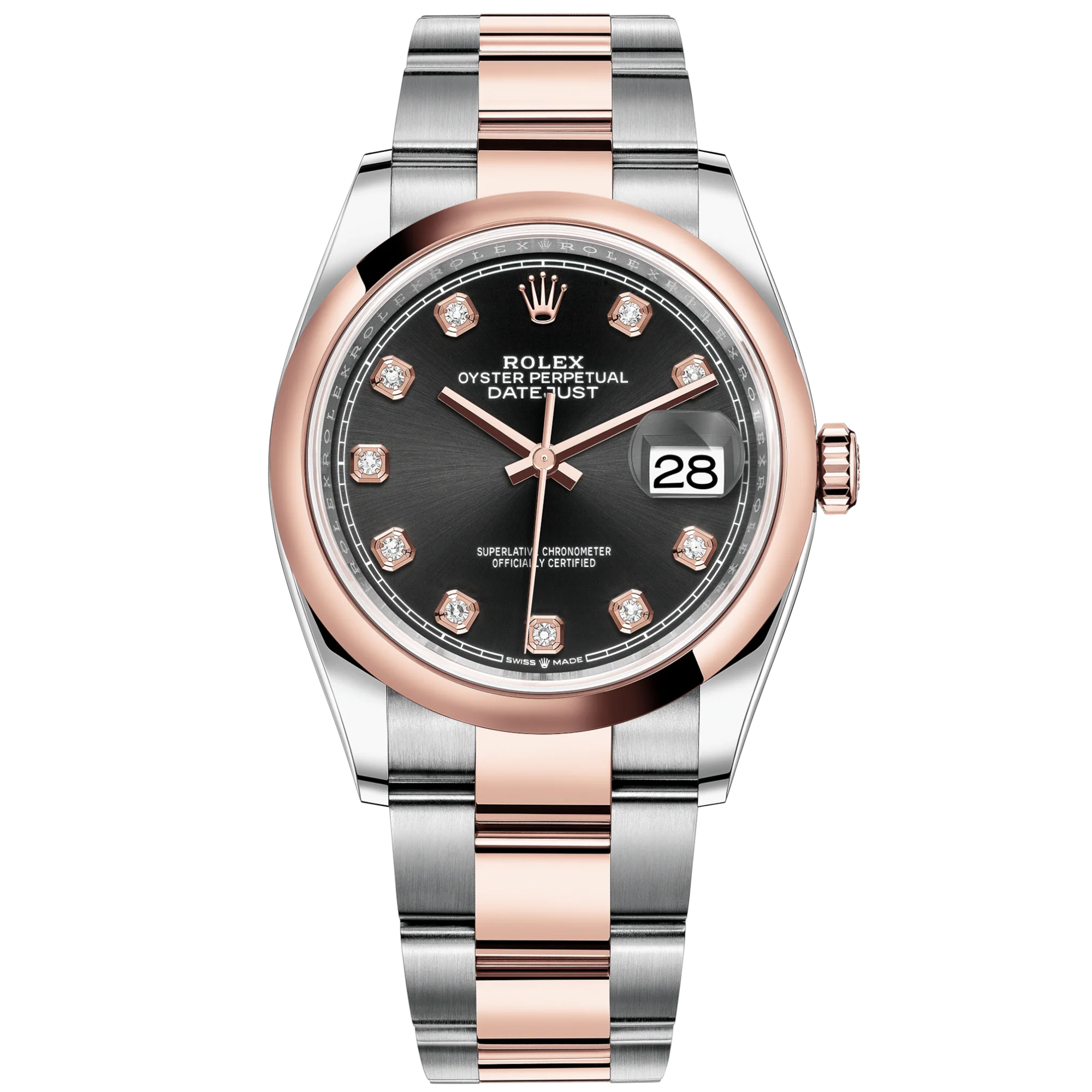 Datejust 36 36mm Oystersteel and Everose Gold Oyster Bracelet Bright Black Diamond-set Dial Domed Bezel - Rolex