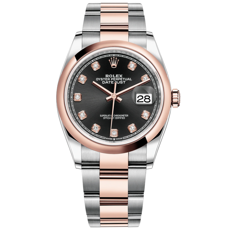 Datejust 36 36mm Oystersteel and Everose Gold Oyster Bracelet Bright Black Diamond-set Dial Domed Bezel - Rolex