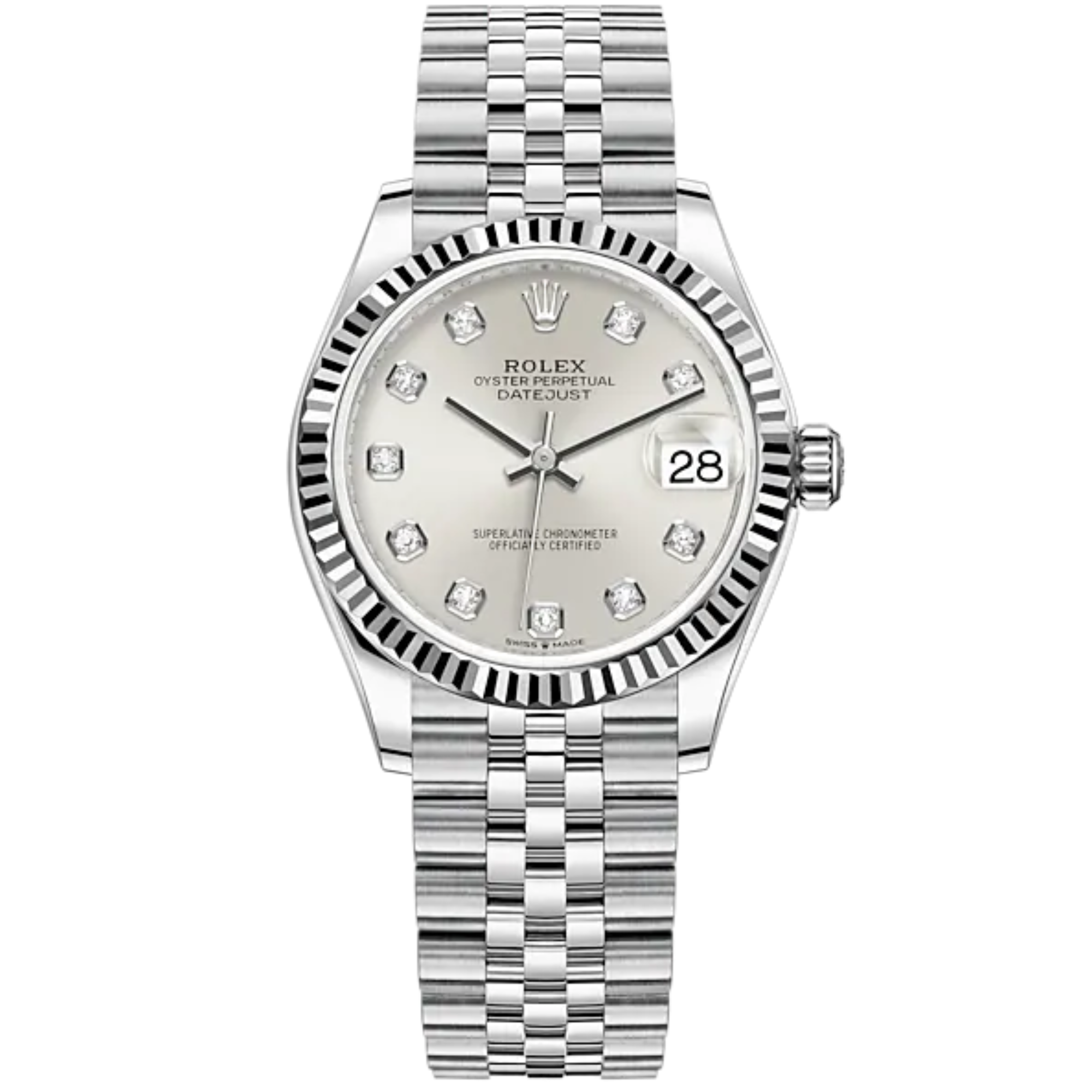 Datejust 31 31mm Jubilee Bracelet Oystersteel and White Gold Silver Diamond-Set Dial Fluted Bezel - Rolex