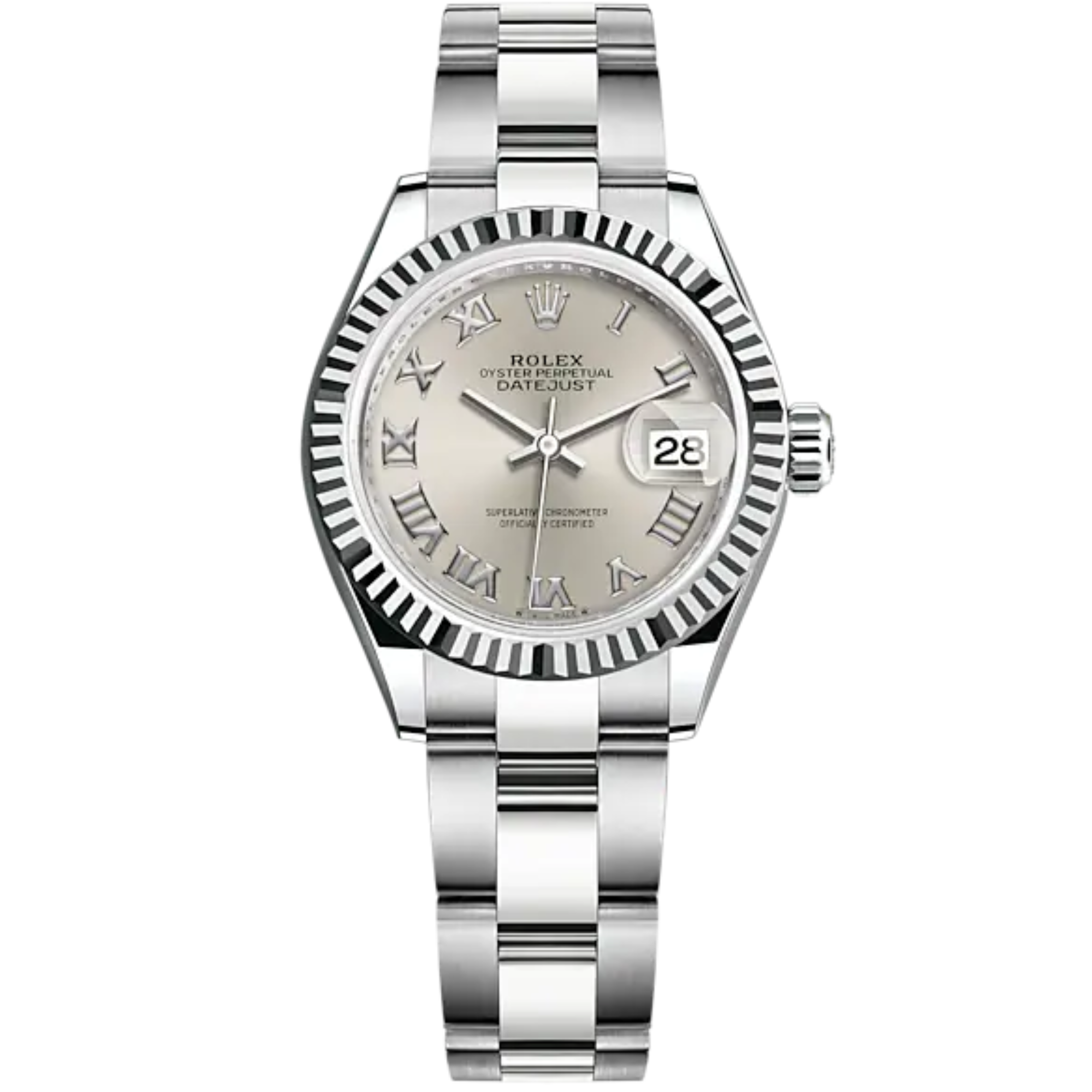 Lady-DateJust 28mm Oyster Oystersteel Bracelet and White Gold with Silver Dial and Fluted Bezel - Rolex