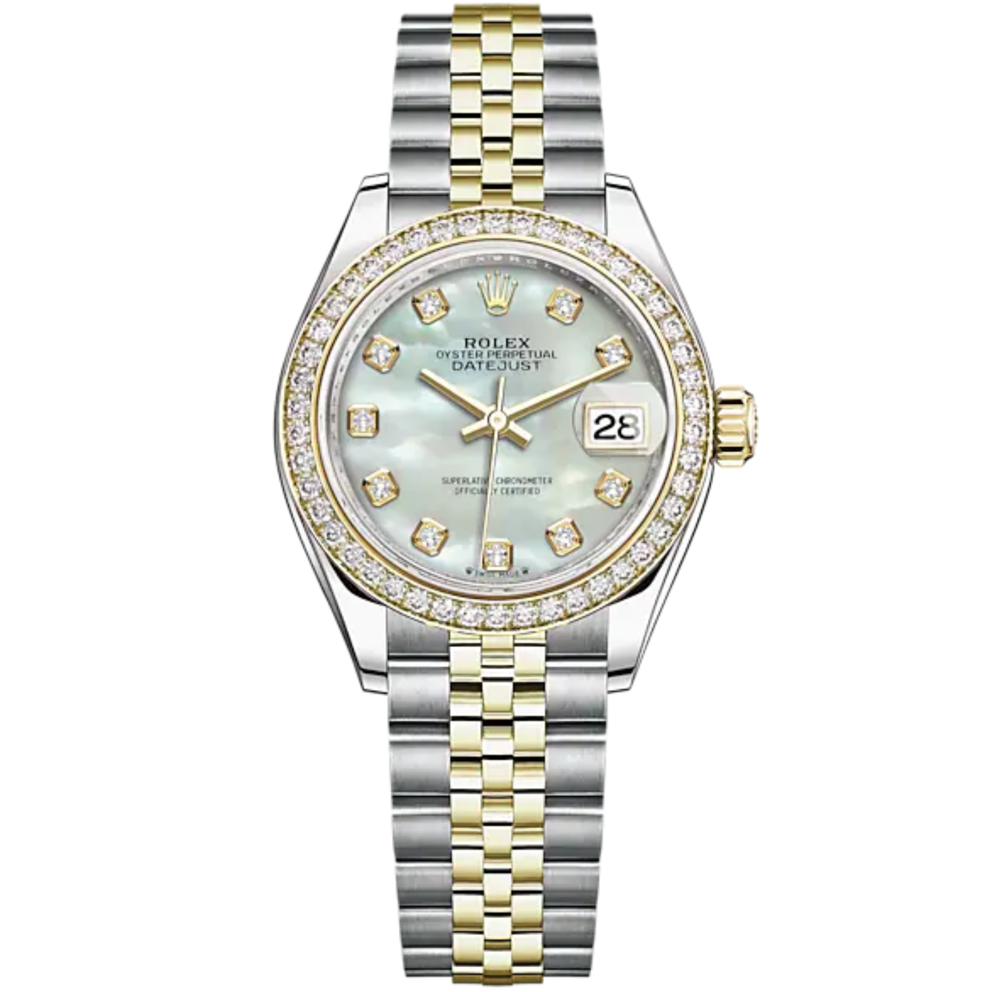 Lady-DateJust 28mm Oystersteel Jubilee Bracelet and Yellow Gold with White Mother-of-Pearl Dial Diamond-Set Dial and Diamond-Set Bezel - Rolex