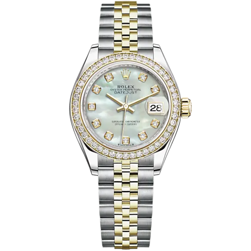 Lady-DateJust 28mm Oystersteel Jubilee Bracelet and Yellow Gold with White Mother-of-Pearl Dial Diamond-Set Dial and Diamond-Set Bezel - Rolex