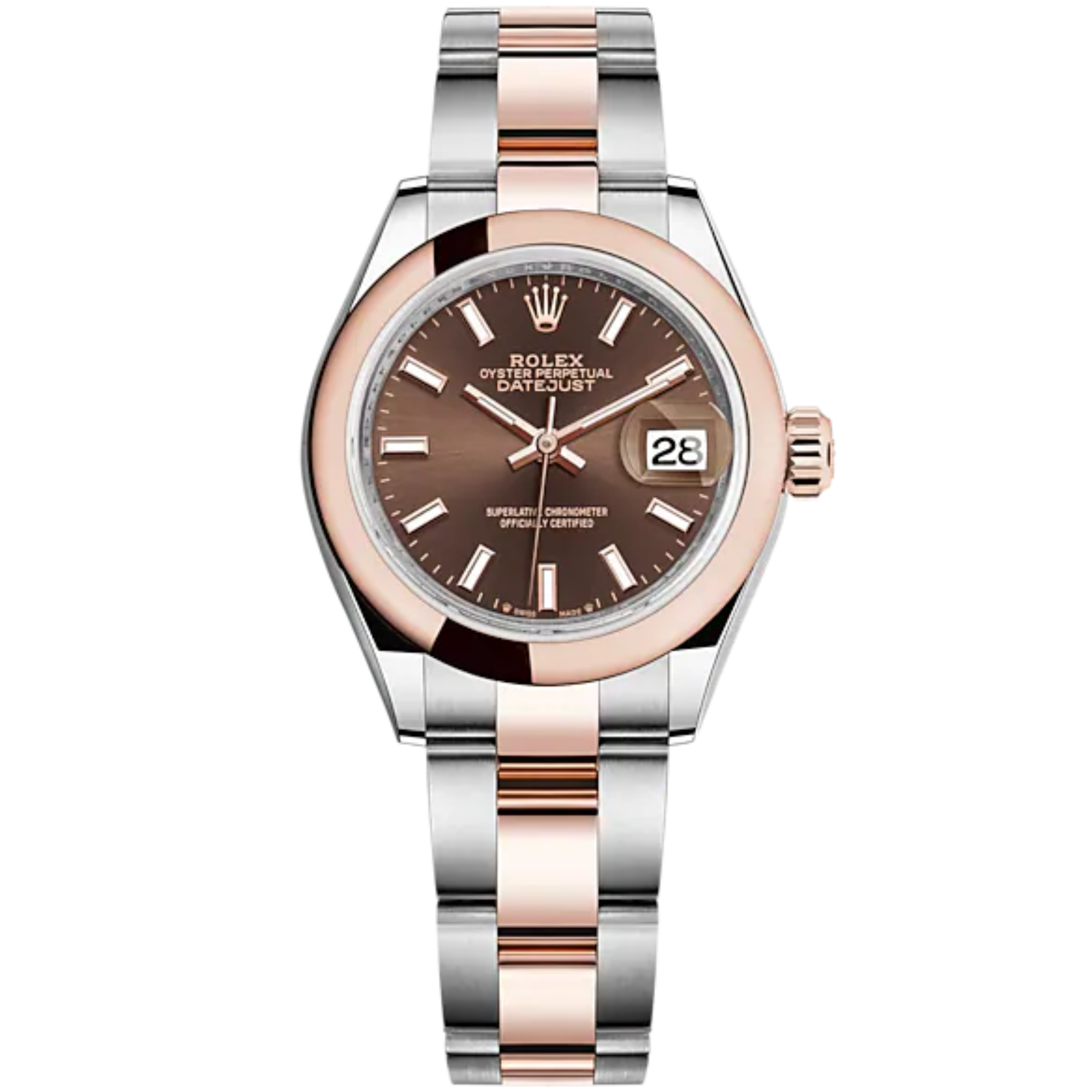 Lady-DateJust 28mm Oyster Oystersteel Bracelet and Everose Gold with Chocolate Dial and Domed Bezel - Rolex