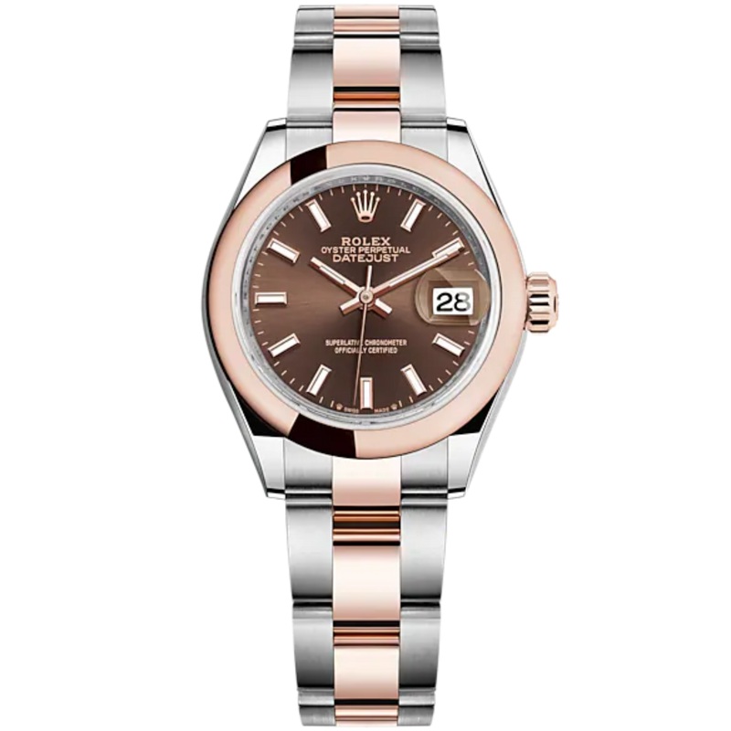 Lady-DateJust 28mm Oyster Oystersteel Bracelet and Everose Gold with Chocolate Dial and Domed Bezel - Rolex