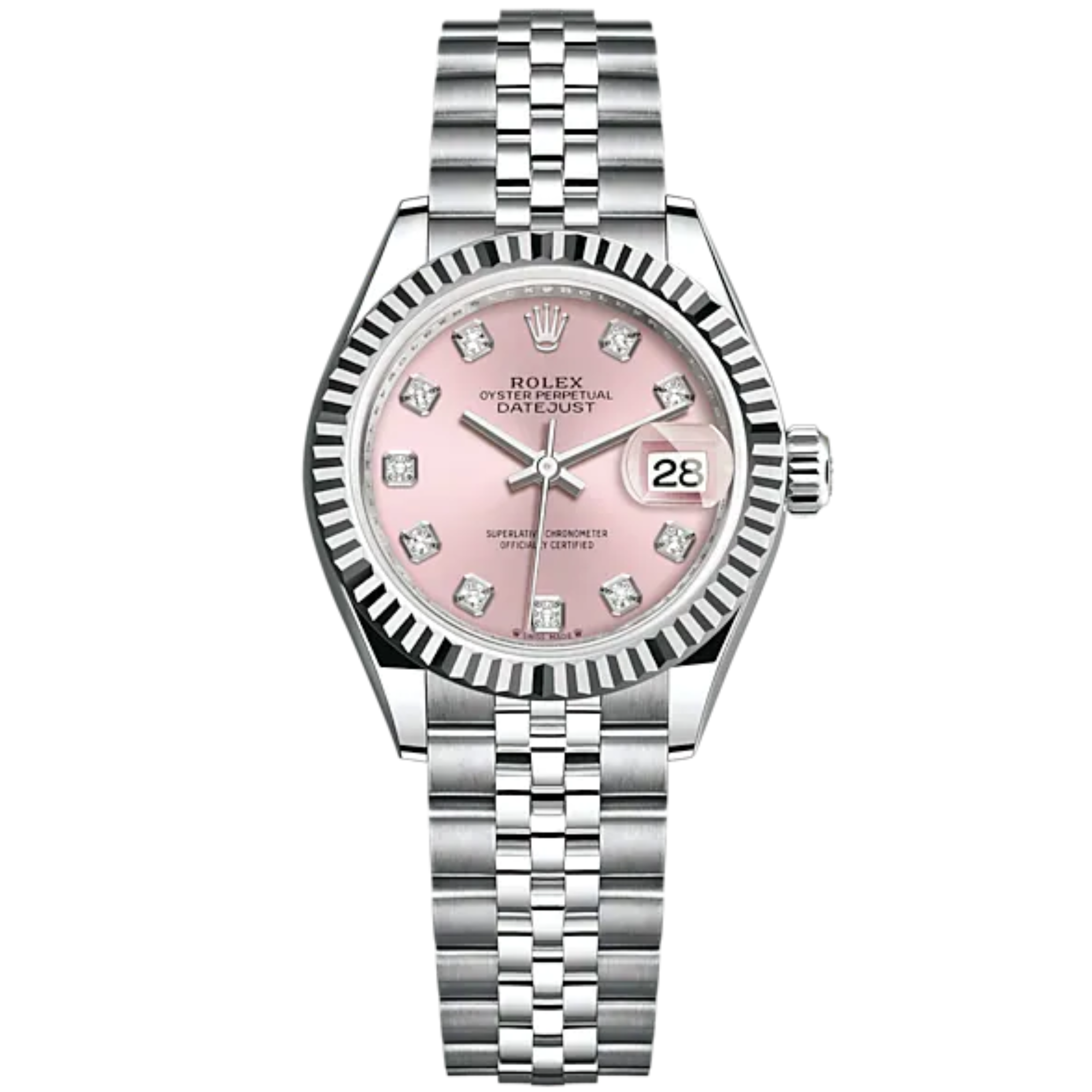Lady-DateJust 28mm Oystersteel Jubilee Bracelet and Pink Dial Diamond-Set Dial and Fluted Bezel - Rolex