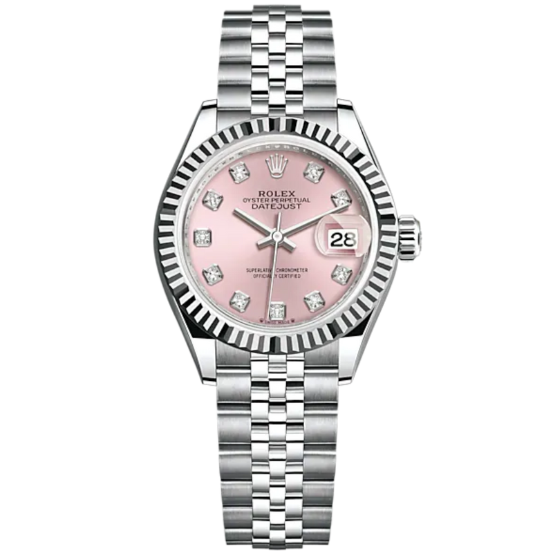 Lady-DateJust 28mm Oystersteel Jubilee Bracelet and Pink Dial Diamond-Set Dial and Fluted Bezel - Rolex
