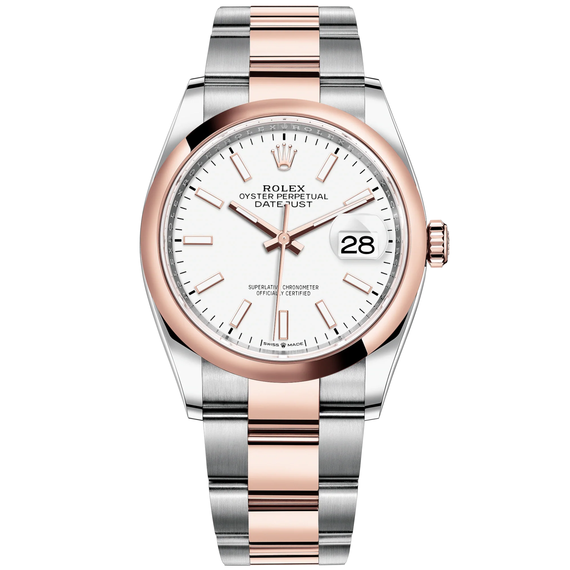Datejust 36 36mm Oystersteel and Everose Gold Oyster Bracelet White Dial Domed Bezel - Rolex