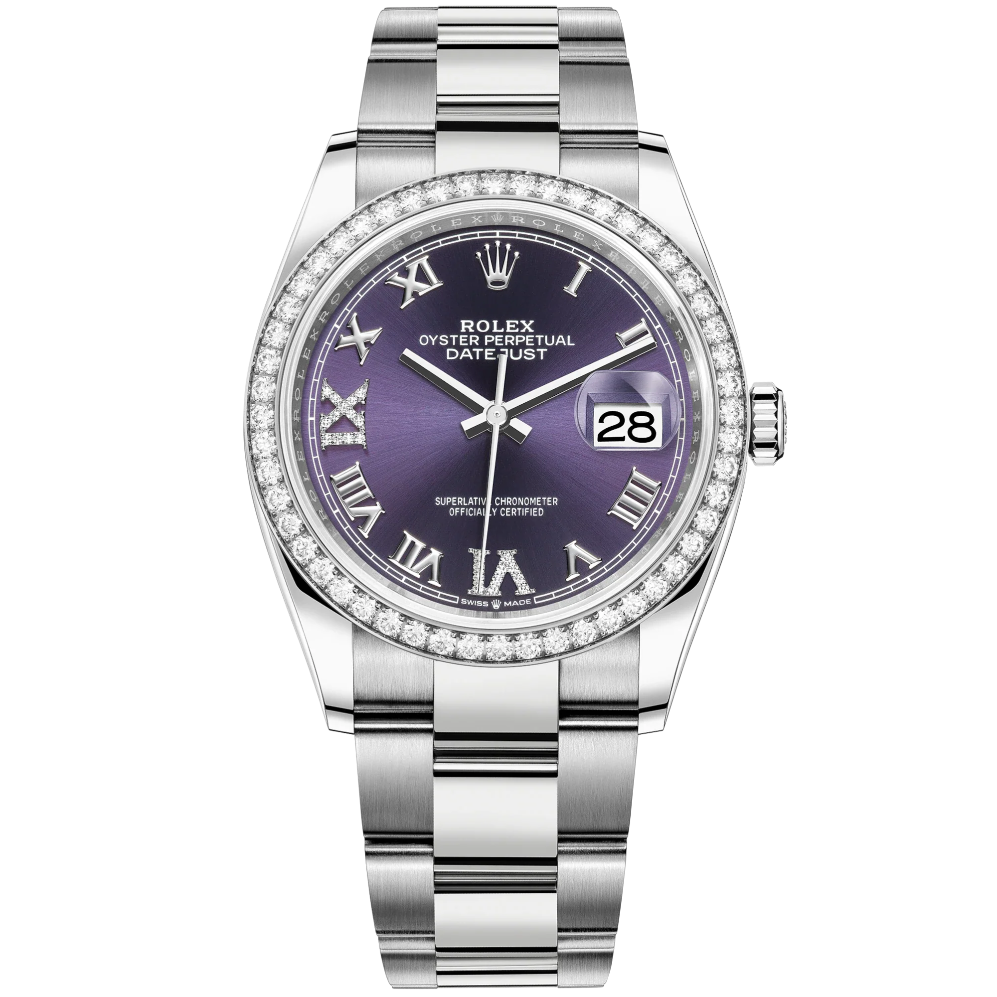 Datejust 36 36mm Oyster Bracelet Oystersteel and White Gold with Aubergine Diamond Dial Diamond-Set Bezel - Rolex