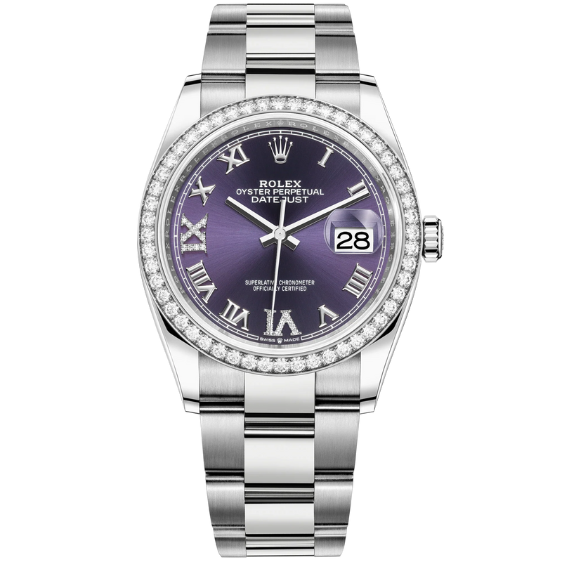 Datejust 36 36mm Oyster Bracelet Oystersteel and White Gold with Aubergine Diamond Dial Diamond-Set Bezel - Rolex