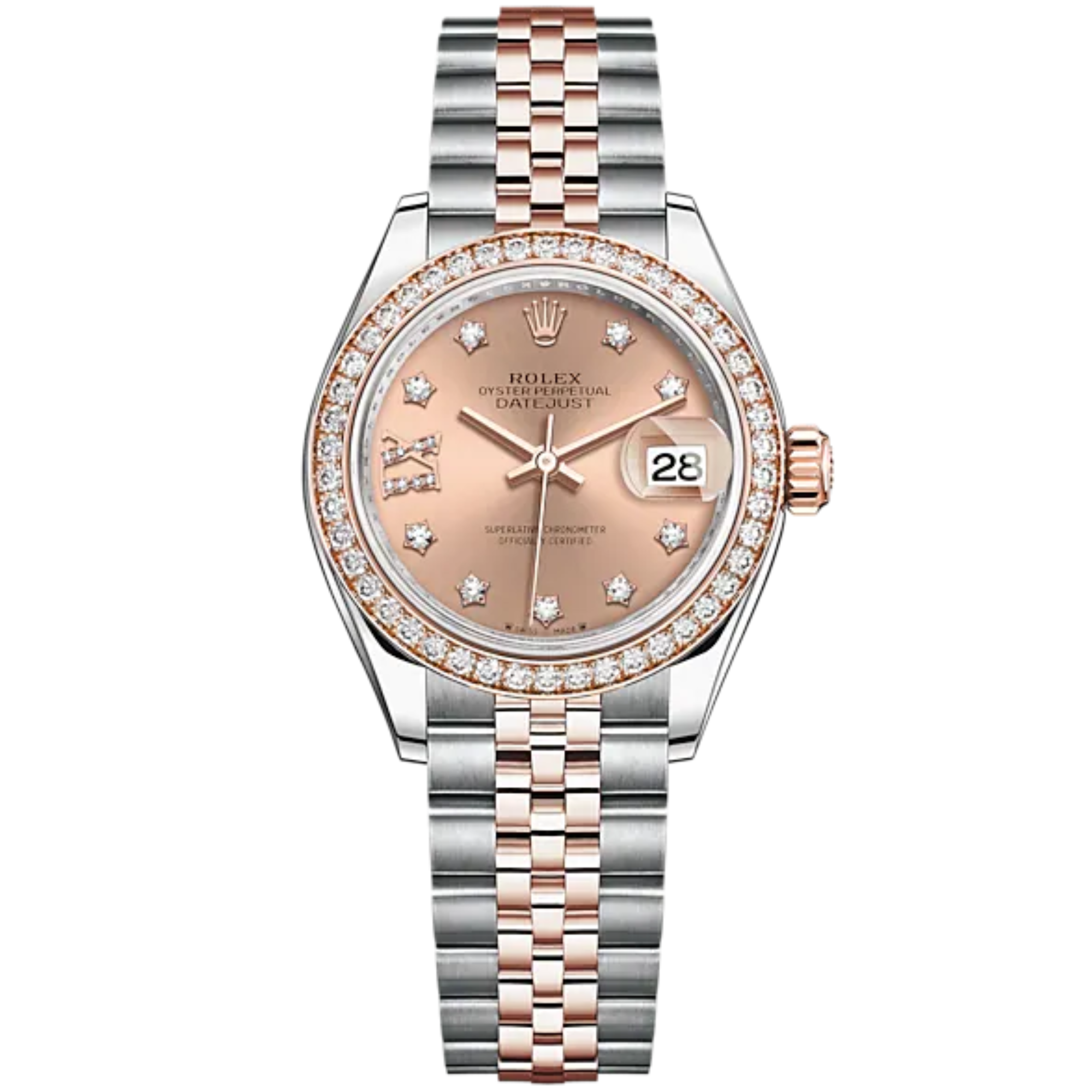 Lady-DateJust 28mm Oystersteel Jubilee Bracelet and Everose Gold with Rosé-Colour Dial Diamond-Set Dial and Diamond-Set Bezel - Rolex