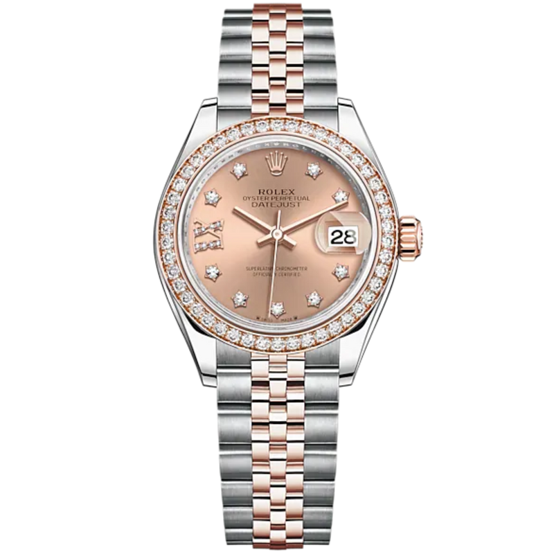 Lady-DateJust 28mm Oystersteel Jubilee Bracelet and Everose Gold with Rosé-Colour Dial Diamond-Set Dial and Diamond-Set Bezel - Rolex