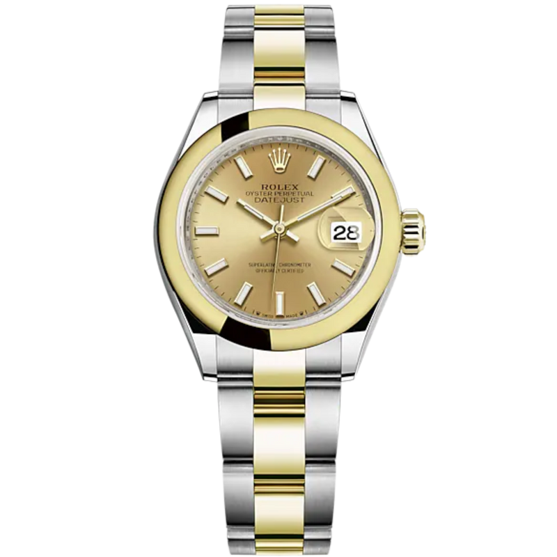 Lady-DateJust 28mm Oyster Oystersteel Bracelet and Yellow Gold with Champagne-Colour Dial and Domed Bezel - Rolex