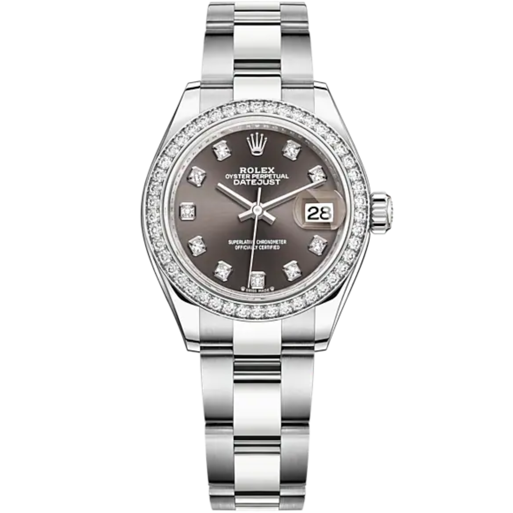 Lady-DateJust 28mm Oyster Oystersteel Bracelet and White Gold with Dark Grey Dial Diamond-Set Dial and Diamond-Set Bezel - Rolex