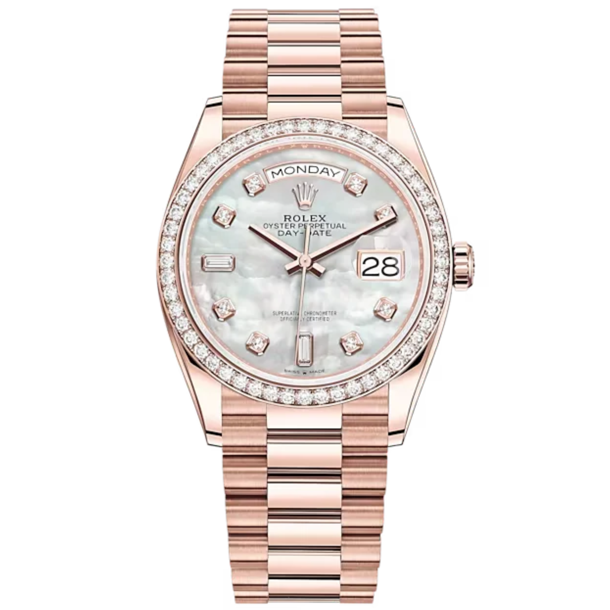 Day-Date 36 36mm President Bracelet and 18 KT Everose Gold with White Mother-of-Pearl Dial Diamond-Set Dial and Bezel - Rolex